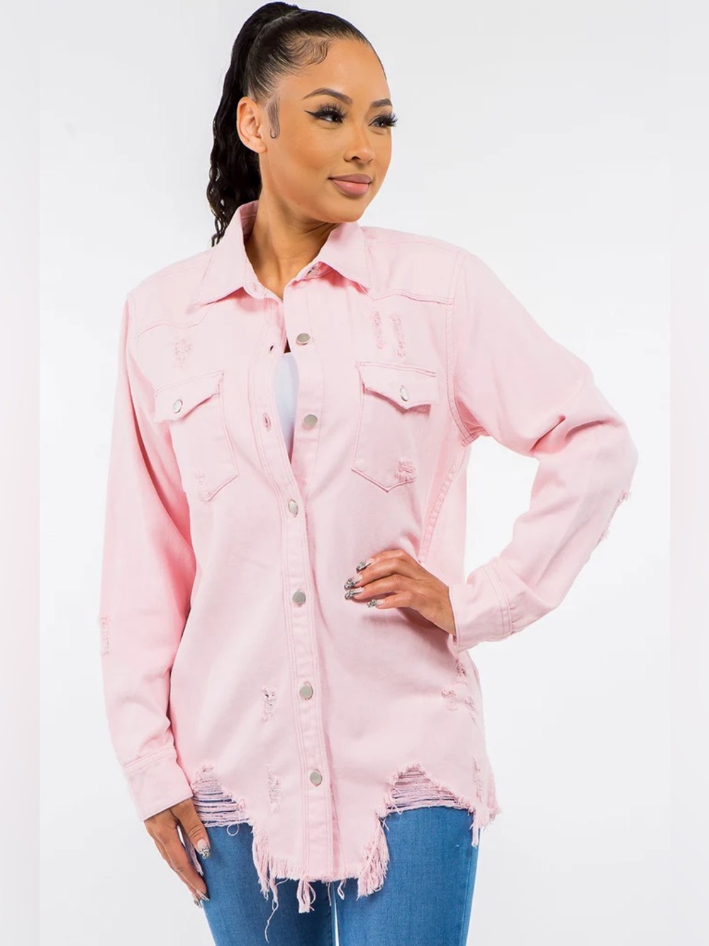 American Bazi Pink Distressed Denim Shacket